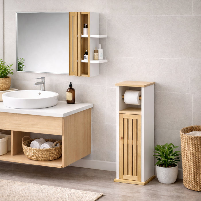 Colonna Mobiletto Bagno Moderno Bianco Legno Bambù 18x18x75 cm Porta Carta Igienica