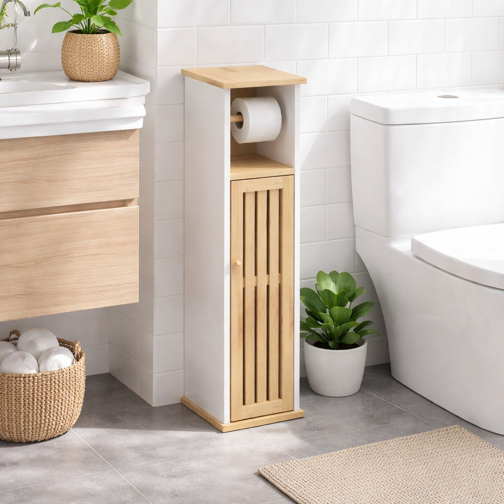 Colonna Mobiletto Bagno Moderno Bianco Legno Bambù 18x18x75 cm Porta Carta Igienica