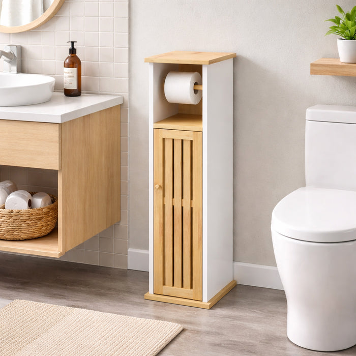 Colonna Mobiletto Bagno Moderno Bianco Legno Bambù 18x18x75 cm Porta Carta Igienica