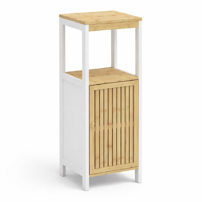 Colonna Mobiletto Bagno Moderno Bianco Legno e Bambù 32x30x91 cm 1 Anta 2 Ripiani
