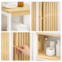 Colonna Mobiletto Bagno Moderno Bianco Legno e Bambù 32x30x91 cm 1 Anta 2 Ripiani