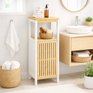 Colonna Mobiletto Bagno Moderno Bianco Legno e Bambù 32x30x91 cm 1 Anta 2 Ripiani