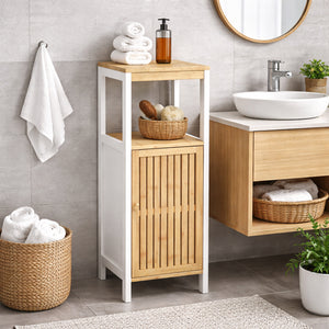 Colonna Mobiletto Bagno Moderno Bianco Legno e Bambù 32x30x91 cm 1 Anta 2 Ripiani