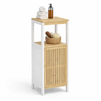 Colonna Mobiletto Bagno Moderno Bianco Legno e Bambù 32x30x91 cm 1 Anta 2 Ripiani