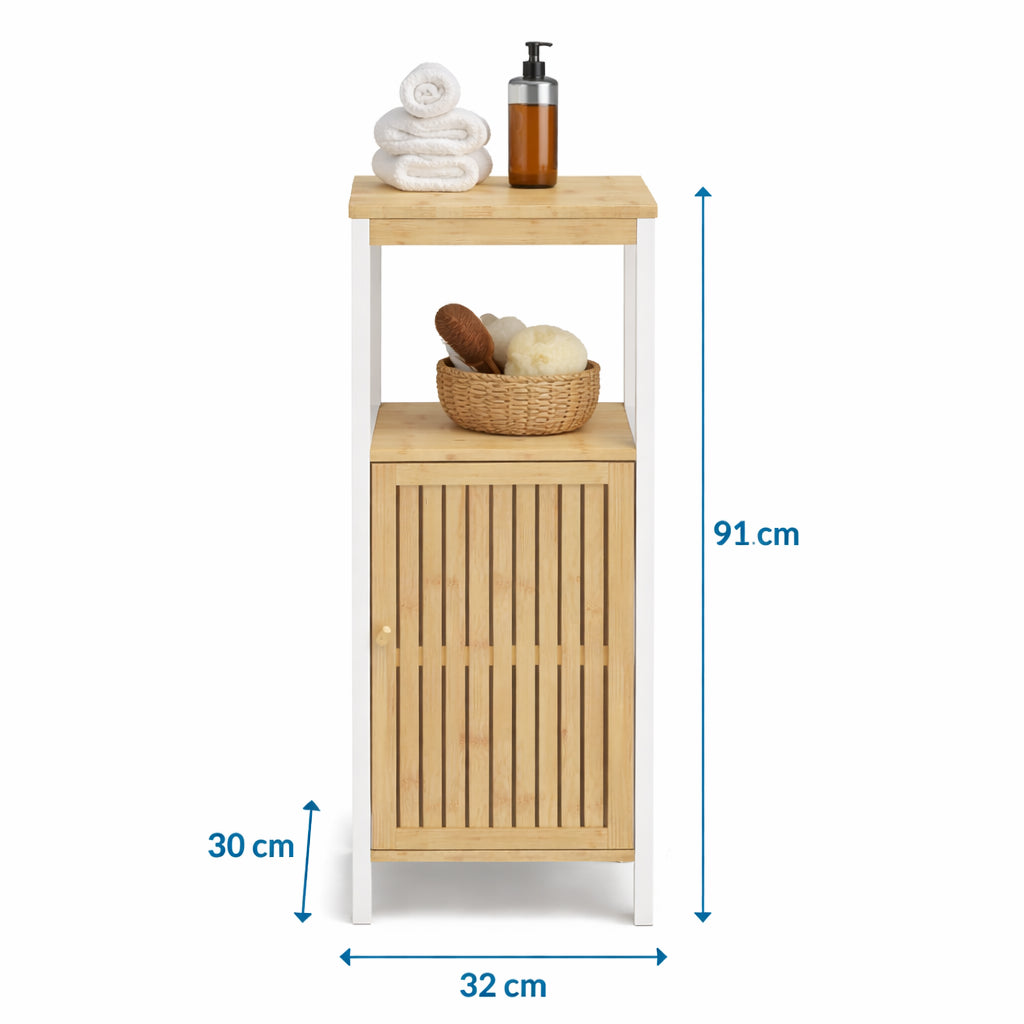 Colonna Mobiletto Bagno Moderno Bianco Legno e Bambù 32x30x91 cm 1 Anta 2 Ripiani