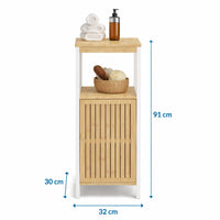 Colonna Mobiletto Bagno Moderno Bianco Legno e Bambù 32x30x91 cm 1 Anta 2 Ripiani