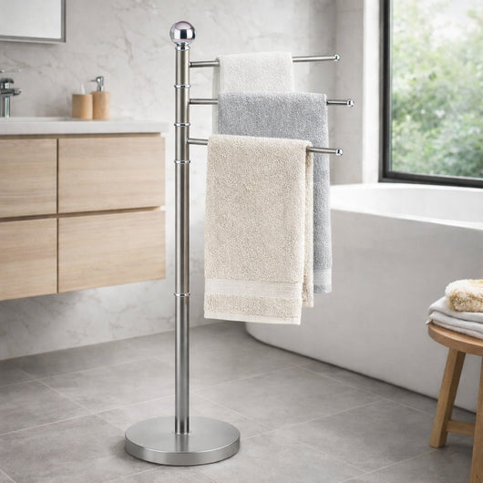 Piantana Porta Asciugamani da Bagno Acciaio Smaltato Base Tonda 3 Braccia Grigio