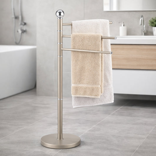 Piantana Porta Asciugamani da Bagno Acciaio Smaltato Base Tonda 3 Braccia Tortora