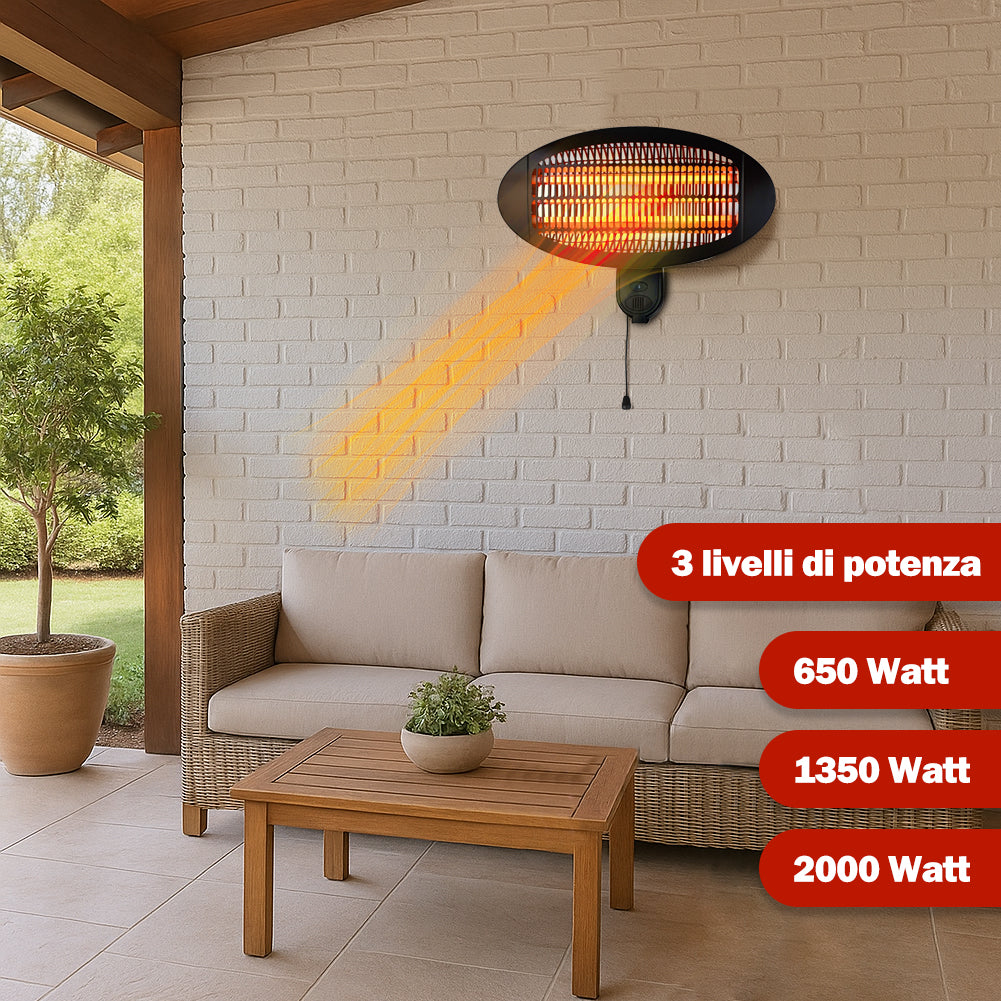 Stufa Elettrica Quarzo Infrarossi da Parete 2000W IP34 per Esterno Basso Consumo