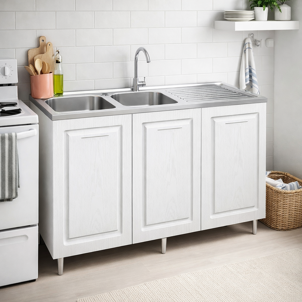 Mobile Cucina Sottolavello Componibile in Legno Bianco Frass. Classico 3 Ante 120cm