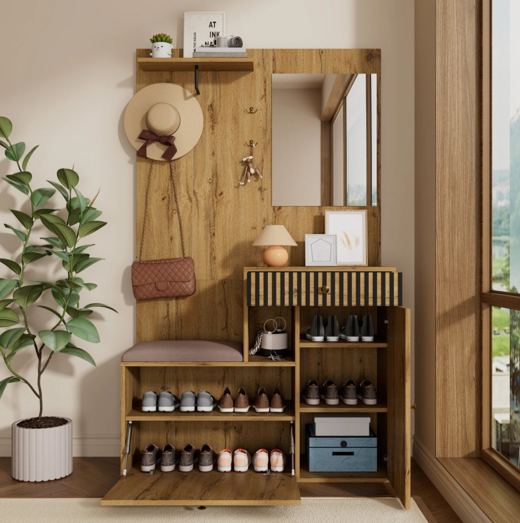 Mobile da ingresso con specchio 110x37x185，5 cm in MDF naturale e nero