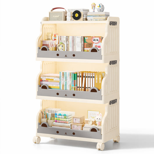 Carrello Impilabile a 3 Livelli Beige Contenitore Organizer Portagiochi con Ruote