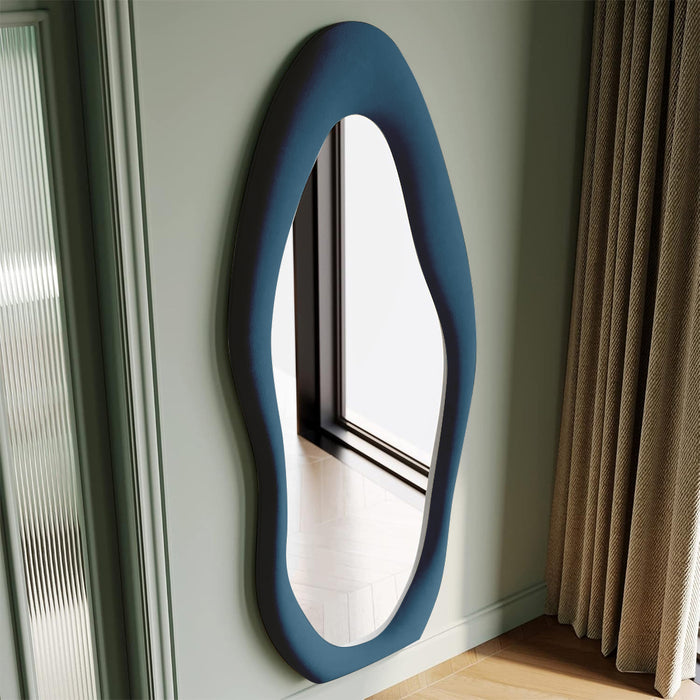 Specchio Grande Ondulato con Cornice Rivestimento in Velluto Blu 60 x 160 cm
