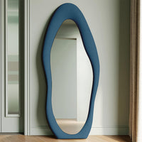 Specchio Grande Ondulato con Cornice Rivestimento in Velluto Blu 60 x 160 cm