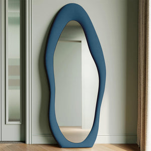 Specchio Grande Ondulato con Cornice Rivestimento in Velluto Blu 60 x 160 cm