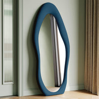 Specchio Grande Ondulato con Cornice Rivestimento in Velluto Blu 60 x 160 cm