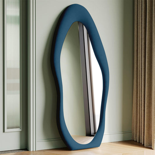 Specchio Grande Ondulato con Cornice Rivestimento in Velluto Blu 60 x 160 cm