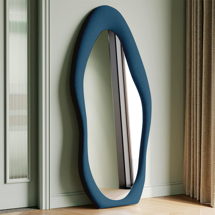 Specchio Grande Ondulato con Cornice Rivestimento in Velluto Blu 60 x 160 cm