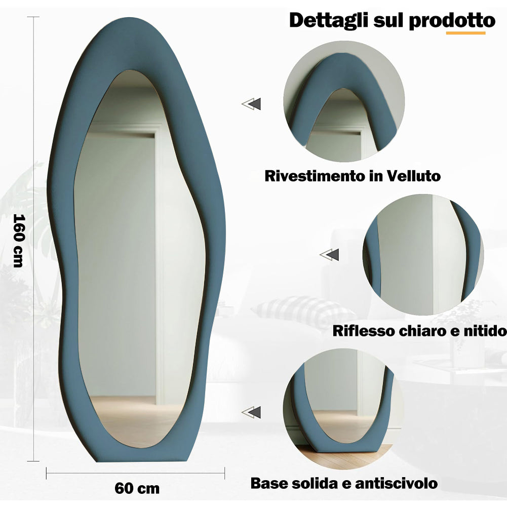 Specchio Grande Ondulato con Cornice Rivestimento in Velluto Blu 60 x 160 cm