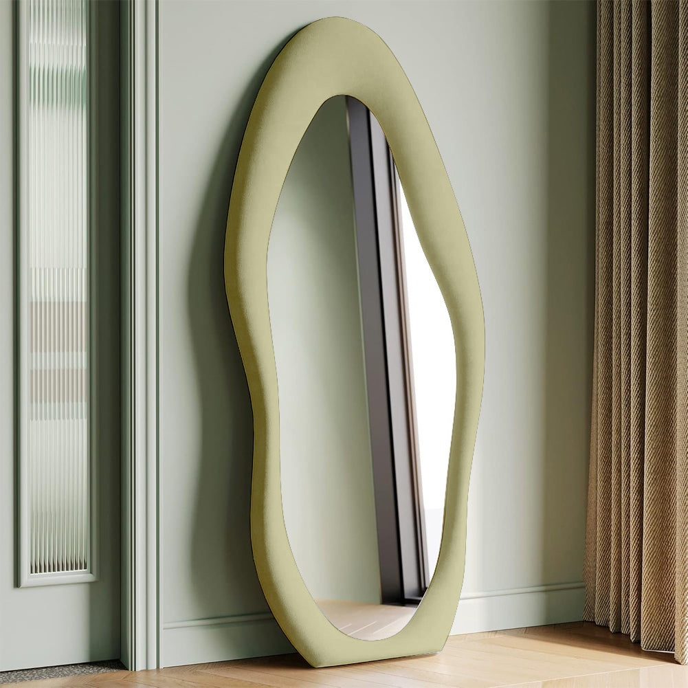Specchio Grande Ondulato con Cornice Rivestimento in Velluto Verde 60 x 160 cm
