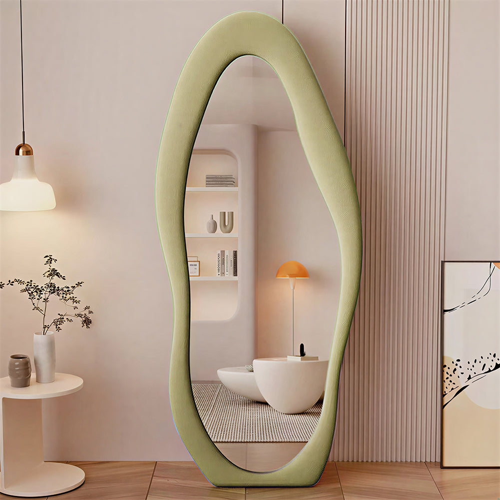 Specchio Grande Ondulato con Cornice Rivestimento in Velluto Verde 60 x 160 cm