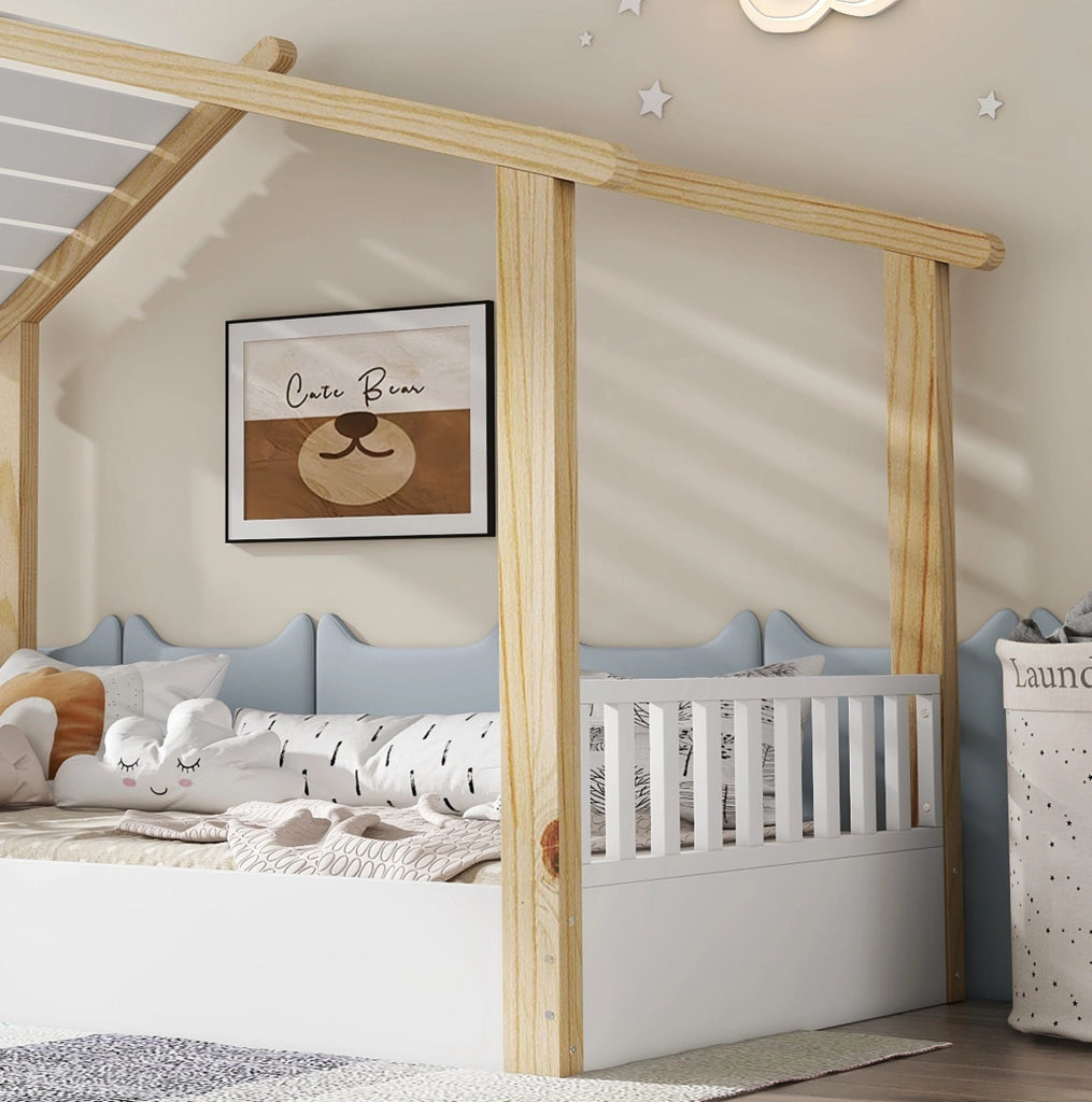 Letto per bambini a casetta 90x200 cm in legno bianco e naturale