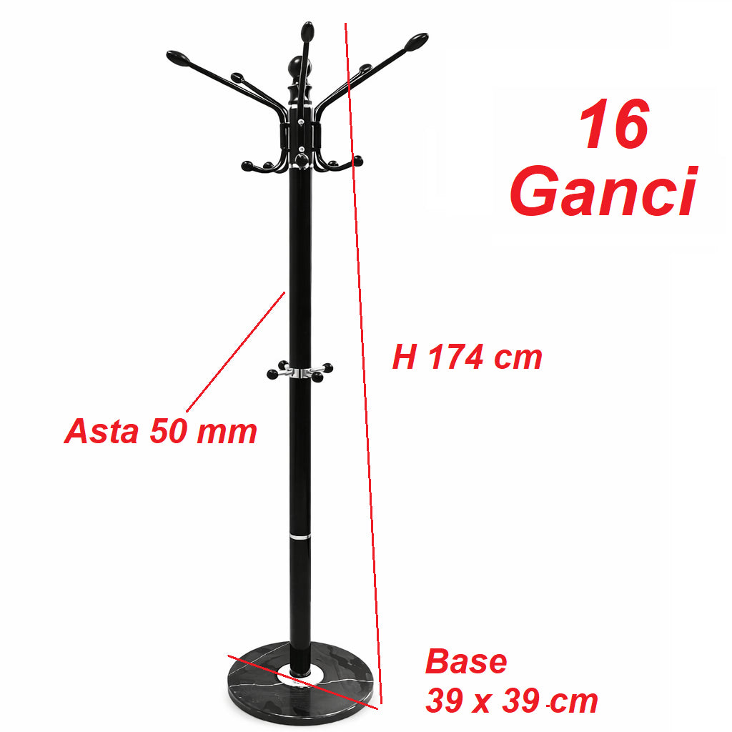 Appendiabiti in Metallo con Base in Pietra Nero 174 cm Moderno con 16 Ganci
