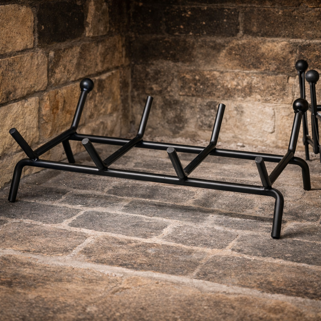 BRUCIALEGNA PER CAMINO IN ACCIAIO VERNICIATO FORMA RETTANGOLARE CON GAMBE