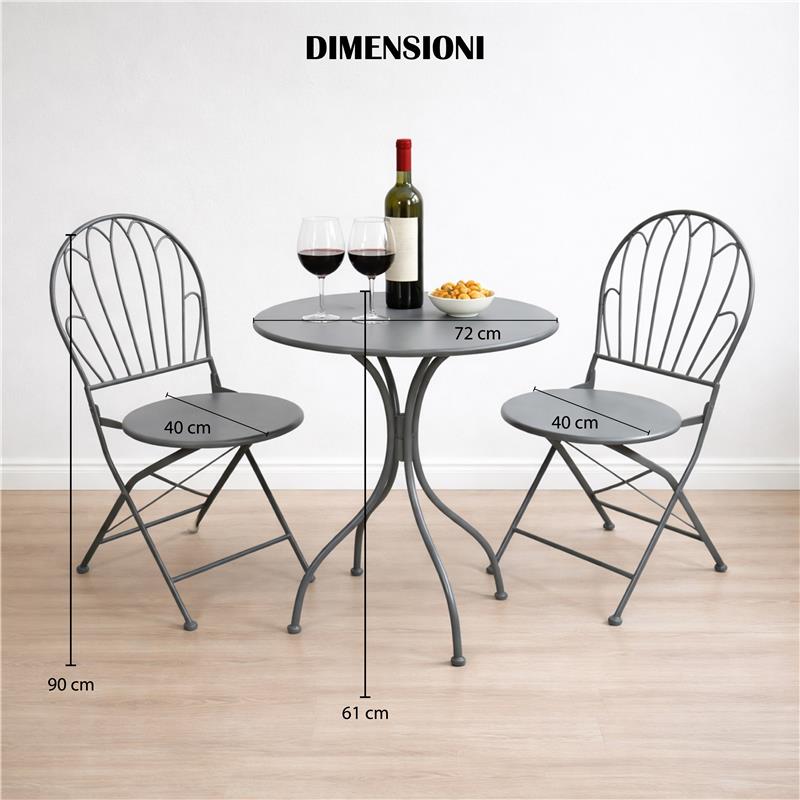 SET DA GIARDINO CON 2 SEDIE E 1 TAVOLO IN METALLO COLORE GRIGIO