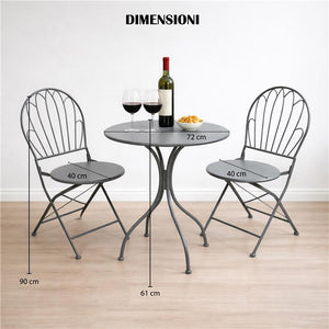 SET DA GIARDINO CON 2 SEDIE E 1 TAVOLO IN METALLO COLORE GRIGIO
