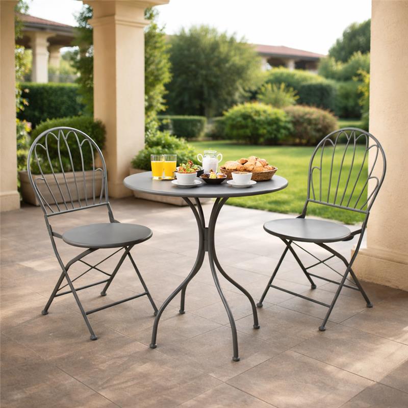 SET DA GIARDINO CON 2 SEDIE E 1 TAVOLO IN METALLO COLORE GRIGIO