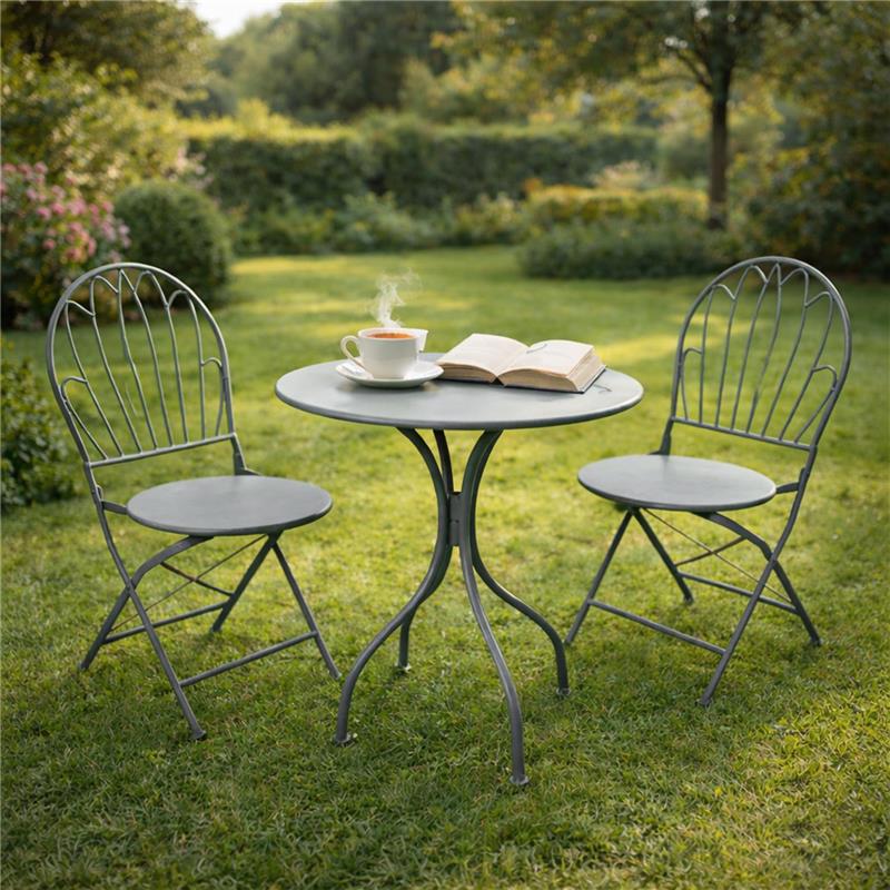 SET DA GIARDINO CON 2 SEDIE E 1 TAVOLO IN METALLO COLORE GRIGIO