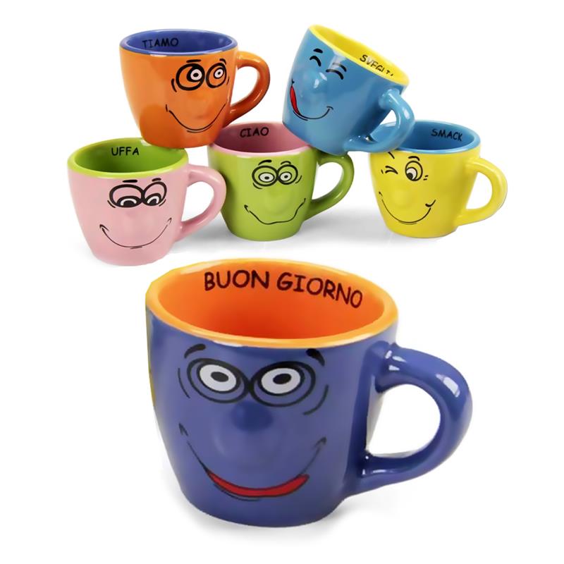 SET 6 TAZZINE DI CERAMICA PER CAFFÈ FACCE DIVERTENTI 100 ML ASSORTITO
