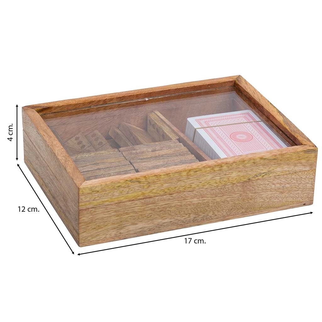 Gioco 2 in 1 (Domino+carte) in scatola di legno marrone 17x12x4h