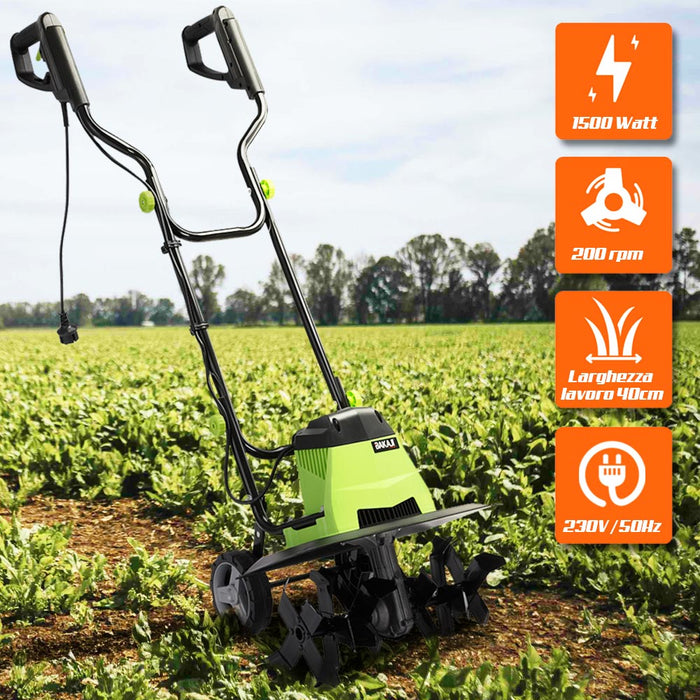 Motozappa Elettrica 1500W Elettrozappa 40cm Zappatrice 6 Lame 22cm