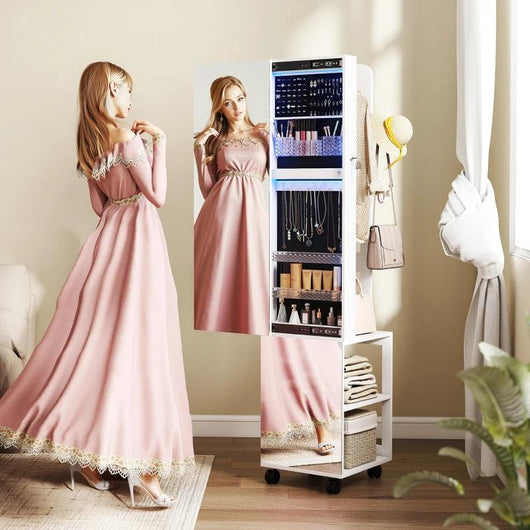 ARMADIO PORTAGIOIE CON SPECCHIERA GIREVOLE A 360¦, LUCE LED REGOLABILE, SERRATURA E RIPIANI, 37X40X165.5 CM