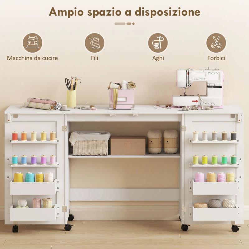 TAVOLO DA CUCITO PIEGHEVOLE PER MACCHINA DA CUCIRE CON RIPIANI, 20 PIOLI, RUOTE CON BLOCCO, BIANCO