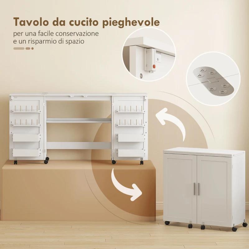 TAVOLO DA CUCITO PIEGHEVOLE PER MACCHINA DA CUCIRE CON RIPIANI, 20 PIOLI, RUOTE CON BLOCCO, BIANCO