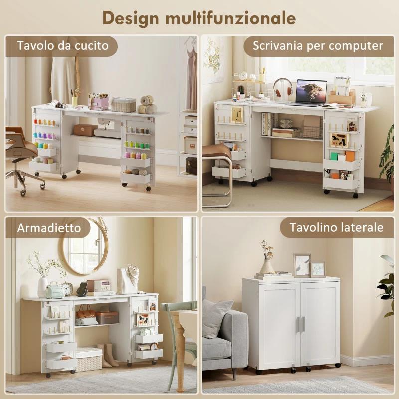 TAVOLO DA CUCITO PIEGHEVOLE PER MACCHINA DA CUCIRE CON RIPIANI, 20 PIOLI, RUOTE CON BLOCCO, BIANCO