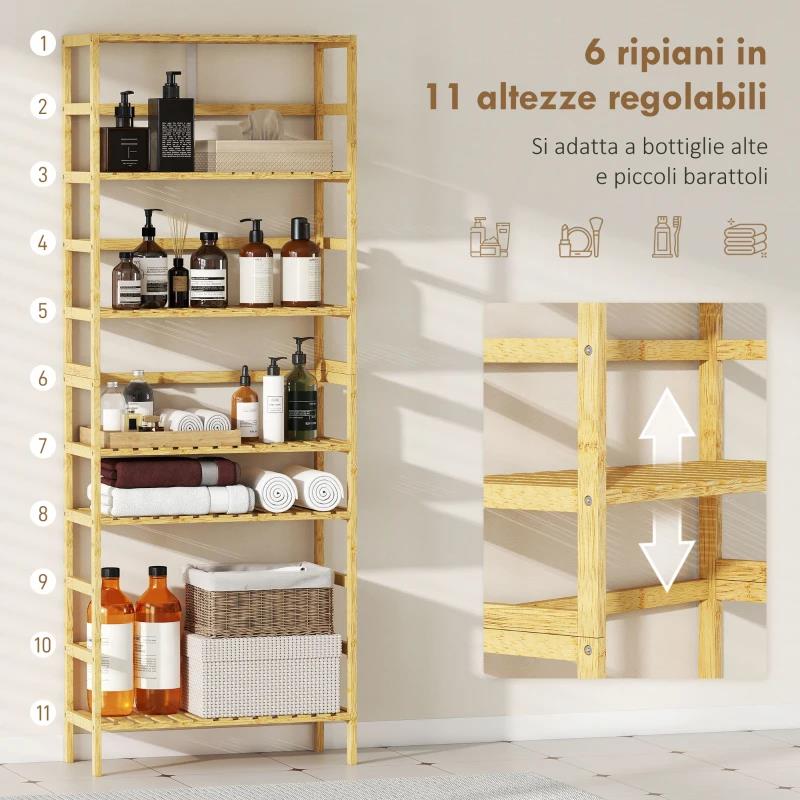 SCAFFALE IN LEGNO DI BAMBÙ A 6 LIVELLI CON RIPIANI REGOLABILI, 60X26X161 CM, LEGNO NATURALE