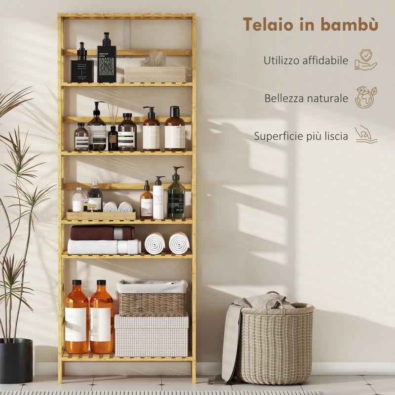 SCAFFALE IN LEGNO DI BAMBÙ A 6 LIVELLI CON RIPIANI REGOLABILI, 60X26X161 CM, LEGNO NATURALE