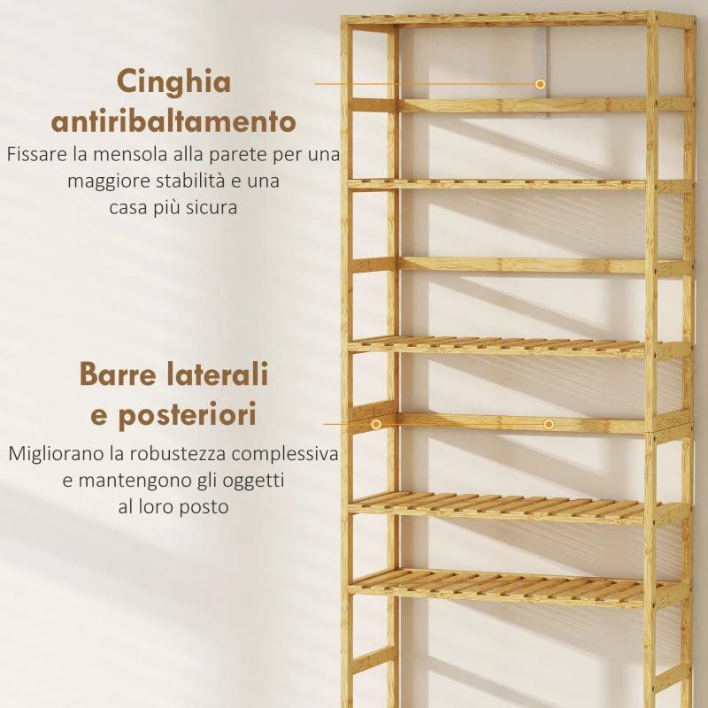 SCAFFALE IN LEGNO DI BAMBÙ A 6 LIVELLI CON RIPIANI REGOLABILI, 60X26X161 CM, LEGNO NATURALE