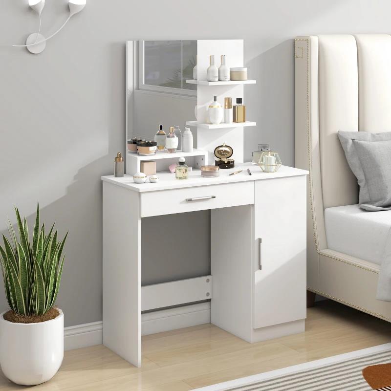 TOELETTA DA CAMERA CON ARMADIETTO, CASSETTO, SPECCHIO PER TRUCCO E RIPIANI APERTI, 90X38X138 CM, BIANCO