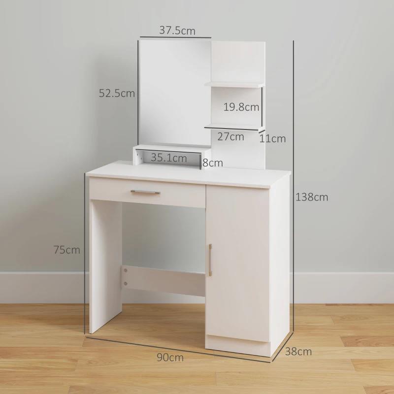 TOELETTA DA CAMERA CON ARMADIETTO, CASSETTO, SPECCHIO PER TRUCCO E RIPIANI APERTI, 90X38X138 CM, BIANCO