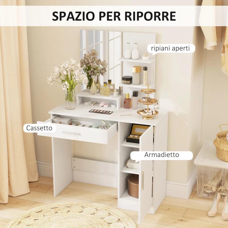 TOELETTA DA CAMERA CON ARMADIETTO, CASSETTO, SPECCHIO PER TRUCCO E RIPIANI APERTI, 90X38X138 CM, BIANCO