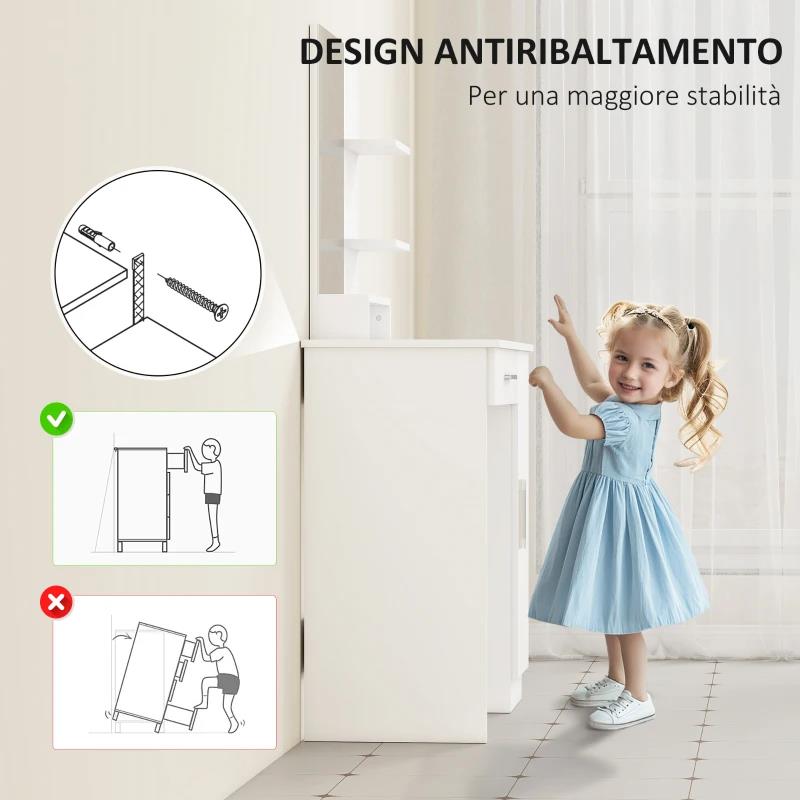 TOELETTA DA CAMERA CON ARMADIETTO, CASSETTO, SPECCHIO PER TRUCCO E RIPIANI APERTI, 90X38X138 CM, BIANCO