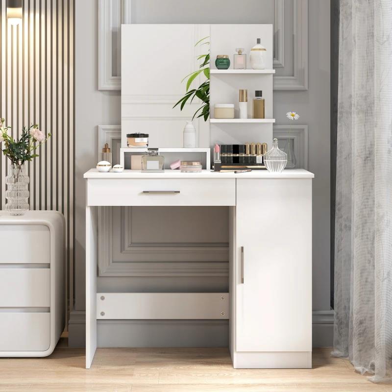 TOELETTA DA CAMERA CON ARMADIETTO, CASSETTO, SPECCHIO PER TRUCCO E RIPIANI APERTI, 90X38X138 CM, BIANCO