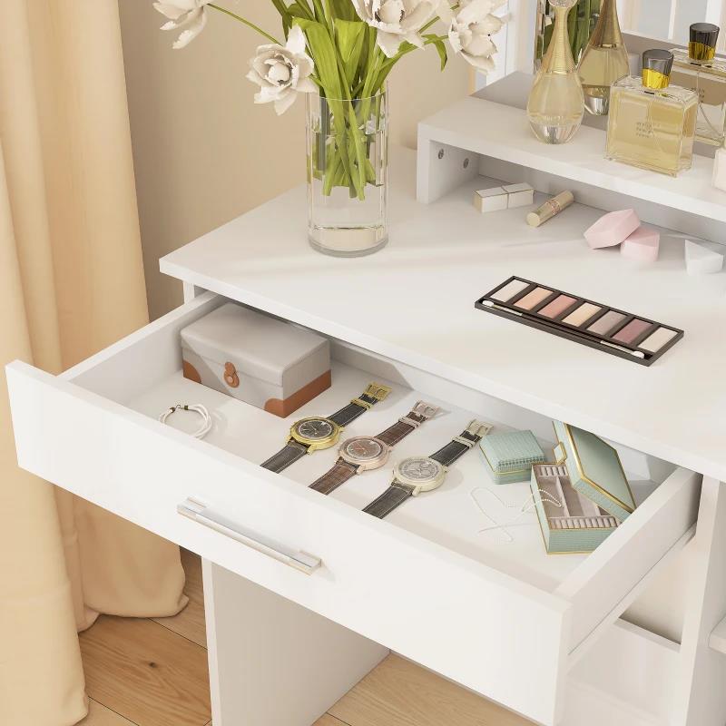 TOELETTA DA CAMERA CON ARMADIETTO, CASSETTO, SPECCHIO PER TRUCCO E RIPIANI APERTI, 90X38X138 CM, BIANCO