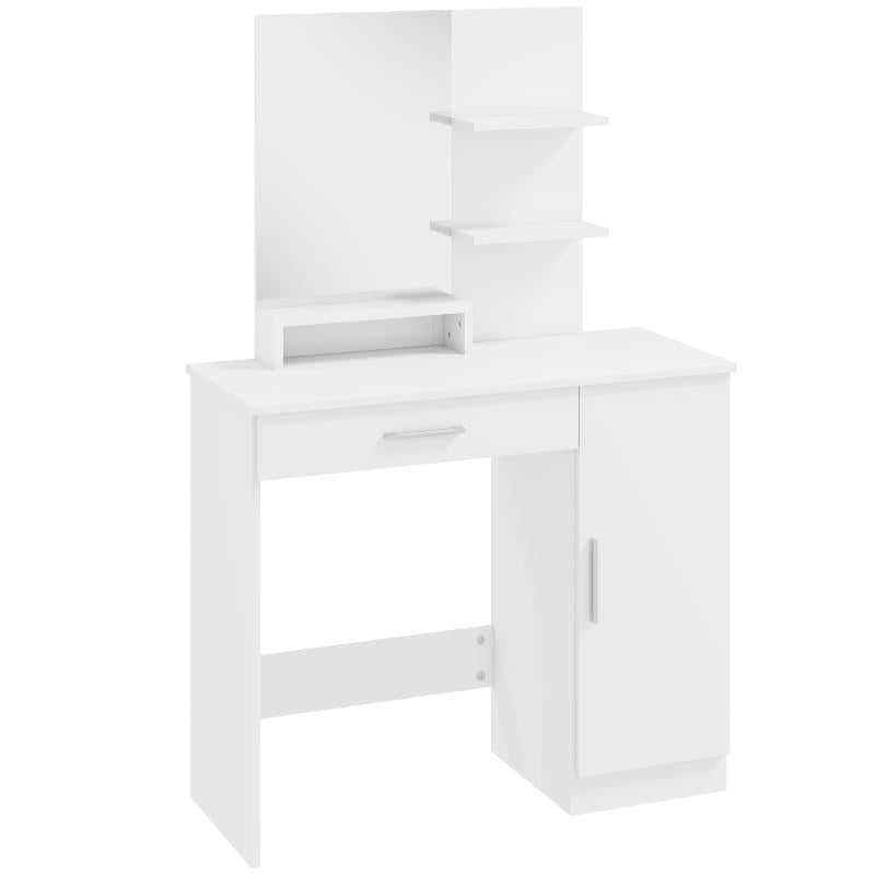 TOELETTA DA CAMERA CON ARMADIETTO, CASSETTO, SPECCHIO PER TRUCCO E RIPIANI APERTI, 90X38X138 CM, BIANCO