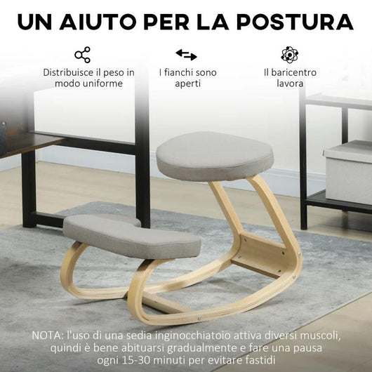 SEDIA INGINOCCHIATOIO CON MOVIMENTO A DONDOLO, IN TESSUTO E LEGNO DI BETULLA, 50X73X55 CM, GRIGIO